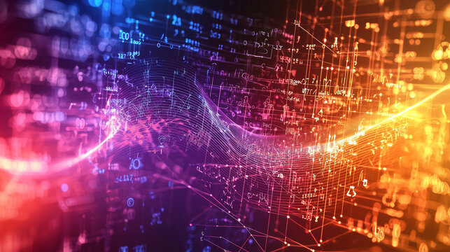 A highly detailed rendering of quantum fields, visualized as rippling grids of energy waves in vibrant colors, surrounded by abstract mathematical symbols.