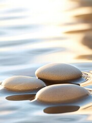 Poster - Close up view of smooth beach pebbles with gentle ocean waves washing over under soft sunlight. Generative AI