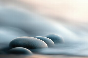 Poster - Close up view of smooth beach pebbles with gentle waves washing over them at sunset. Generative AI
