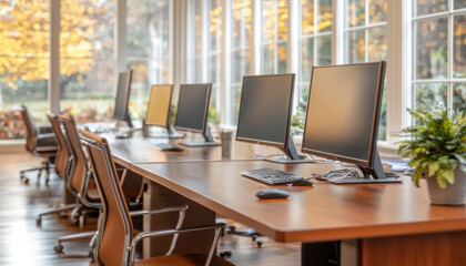 Poster - bright workspace with multiple computer screens and natural light