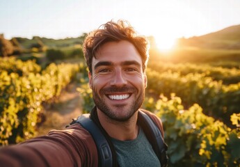 A man is smiling and taking a selfie in a vineyard