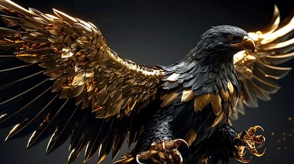 Golden-winged eagle with dark feathers spreading wings on dark background