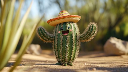 Sticker - Cheerful cactus wearing sombrero, happy expression, desert landscape.