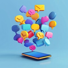 Poster - Bright chat bubbles emerge from a smartphone creating a vibrant display of communication in a digital environment. Generative AI