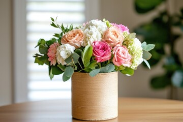 Wall Mural - Plant and flower arrangement in a rustic vase, featuring soft pastel blooms against a neutral backdrop