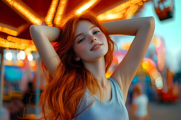 Wall Mural - Young pretty redhead girl in a theme park