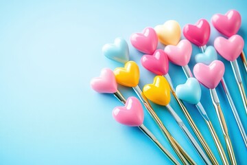 Wall Mural - A delightful display of heart-shaped lollipops, vibrant and sweet, scattered playfully on a serene blue backdrop, perfect for celebrating love on Valentine's Day.