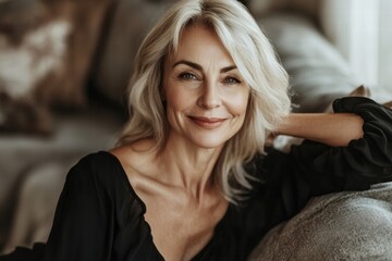 Wall Mural - A woman with blonde hair and a black dress is smiling