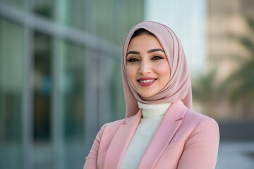 Wall Mural - A woman wearing a pink hijab and a white jacket is smiling