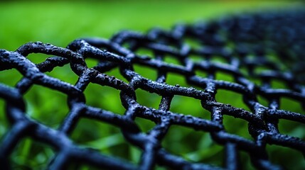 Close-up of a dark, textured mesh grid on grass.