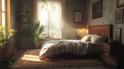 Poster - Sunlit Bedroom with Plants and Wooden Bed