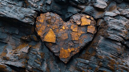 Fototapete - Resilient Heart: A Golden Stone Embedded in Dark Rock