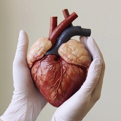 Poster - Realistic anatomical heart held gently in gloved hands for educational purposes in a clinical setting. Generative AI