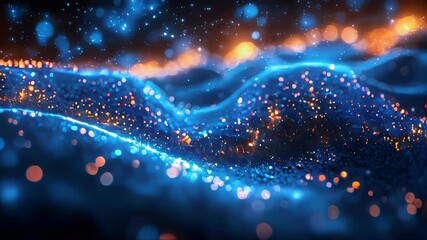 Poster - Abstract wavy blue landscape with glowing particles creating a mesmerizing futuristic scene. Perfect for backgrounds and technology-themed visuals