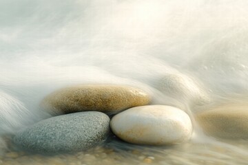 Fototapete - Close up of smooth beach pebbles as gentle waves wash over them at sunrise on a tranquil shore. Generative AI