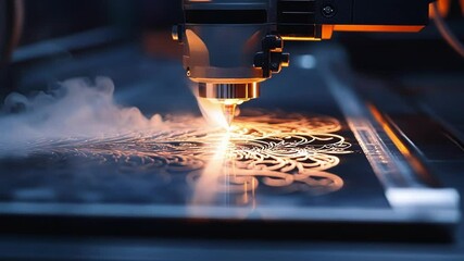 Aufkleber - a tabletop laser ter illuminating a sheet of acrylic with smoke gently rising as intricate patterns 