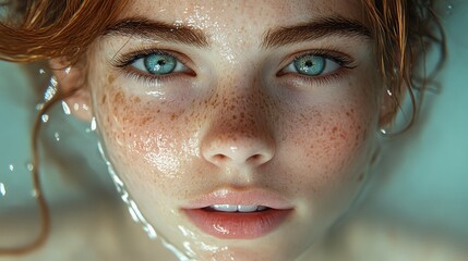 Wall Mural - Close-up of a young woman with striking blue eyes and freckles submerged in water, showcasing serene beauty and natural features in soft lighting