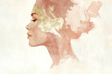 Poster - This artwork features a woman's profile rendered in light blush and cream tones, enhanced with delicate gold leaf and structured acrylic strokes for additional depth and texture