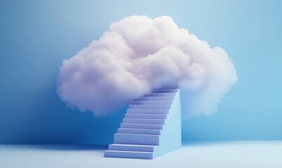 Wall Mural - soft cloud floating above pastel blue stairs leading to an abstract dreamlike space in a minimalisti
