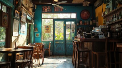 Poster - Sunny Cafe Interior with Wooden Tables and Chairs