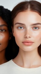 Wall Mural - Portrait showcasing diverse beauty with two young women highlighting different skin tones and features in a natural light setting