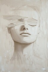 Poster - This artwork features a woman's face rendered in thick textured brushstrokes, showcasing a serene expression in shades of cream, taupe, and gray against a smooth, neutral background