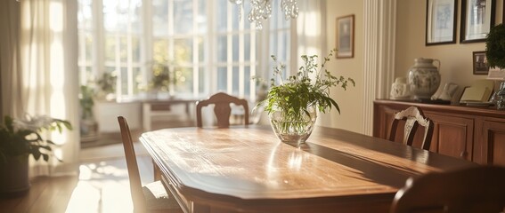 Poster - Antique dining room with a wooden table and chairs, illuminated by sunlight