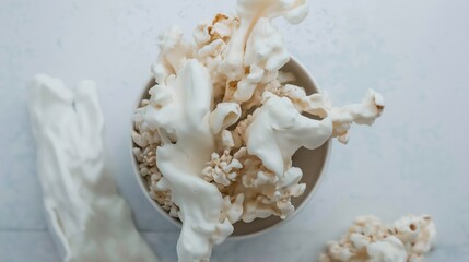 Wall Mural - A bowl of popcorn with cream foam on it against a white background