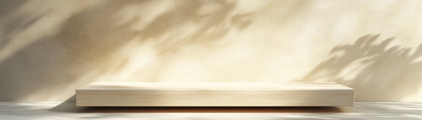 Poster - Soft natural light cascades over a light wooden podium set against a clean beige backdrop. Gentle shadows enhance the minimalist design, providing ample space for text overlay or displays