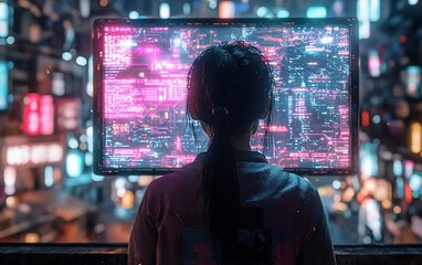 Poster - Woman viewing futuristic cityscape data on a large screen.
