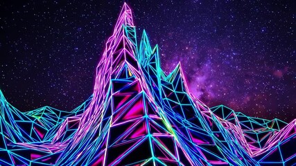 Wall Mural - vibrant neon mountain range gradually transforming color beneath expansive starry galaxy, creating m