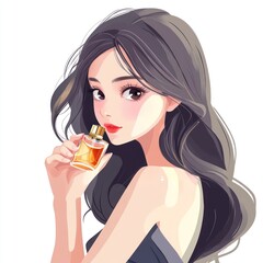 A Whiff of Enchantment: A beautiful woman with long, flowing dark hair, captivating eyes, and a touch of red lipstick, delicately holds a bottle of perfume.