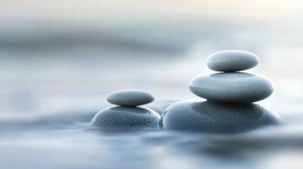 Poster - Close up view of smooth beach pebbles being gently lapped by soft waves during early morning light. Generative AI
