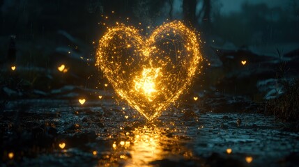 Fototapete - Glowing Heart in the Rain A Mystical and Romantic Scene