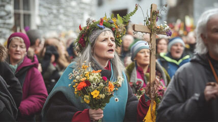 St. Brigid's Day parade in a small Irish village, people carrying St. Brigid's cross while singing and praying, wild flower decorations decorate the village streets.