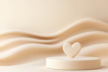 Poster - Highlighting a modern abstract podium crafted from matte clay, this composition showcases soft beige and cream tones with a delicate heart accent on top