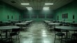 © artiiz - Abandoned Prison Cafeteria: Eerie Night Scene with Overturned Tables, Dim Light, and Creeping Shadows - Photorealistic Depiction