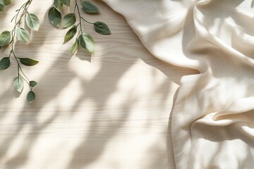 Poster - This setting features a light wooden surface complemented by soft natural shadows from greenery and fabric folds