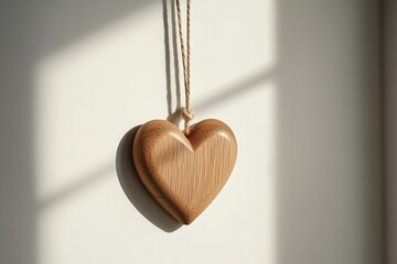 Poster - A wooden heart ornament hangs gracefully against a light neutral backdrop, embodying Nordic minimalism. The ample blank space creates an inviting atmosphere for personal messages