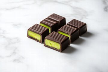 Poster - Delicious chocolate bars filled with rich pistachio paste showcased on a marble tabletop. Generative AI