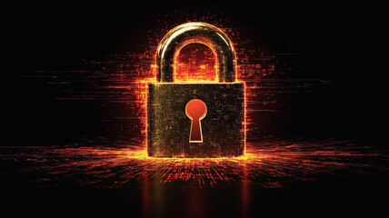 Poster - Fiery Digital Lock: A glowing, golden padlock radiates intense energy against a dark, digital backdrop, symbolizing impenetrable security and data protection.
