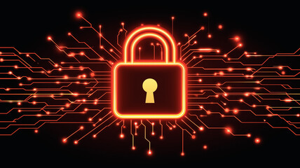 Poster - Cybersecurity Shield: A glowing padlock symbolizing data protection and security, set against a futuristic backdrop of intricate circuit boards.