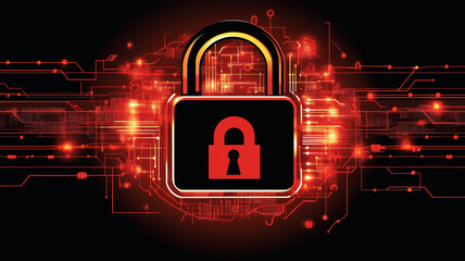 Poster - Cybersecurity Lock: A striking digital illustration depicts a robust padlock at the heart of a vibrant red circuit board, symbolizing impenetrable digital security and data protection.
