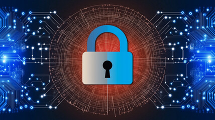 Poster - Cybersecurity: A padlock secured within a digital circuit board, a visual representation of data security and online privacy.