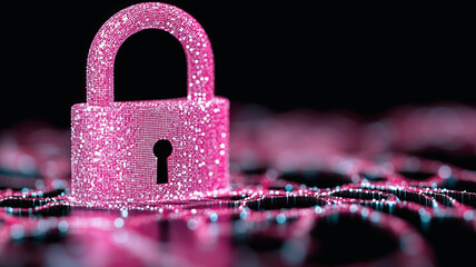 Poster - Digital Security: A shimmering pink padlock stands tall on a digital network, signifying protection, security, and data safety in a world of interconnected technology. 