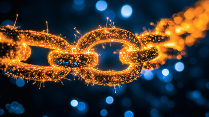 Poster - Fiery Chain of Connection: A close-up shot of a chain, each link ablaze with fiery sparks against a dark blue bokeh background.  The image conveys concepts of strength, connection.