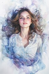 Poster - A young woman with soft facial features and flowing hair, highlighted by pastel hues and gentle light effects, creating a serene atmosphere