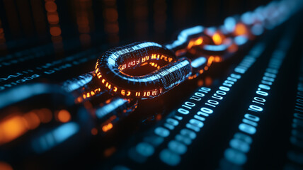 Poster - Cybersecurity Chain: A gleaming, metallic chain link glows with an inner orange light, resting on a field of binary code, symbolizing the strength and security of digital systems. 