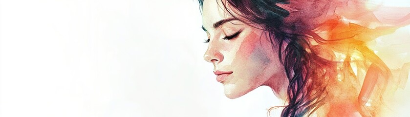 Poster - A woman is depicted in a modern watercolor style, showcasing her soft facial features and flowing hair. Muted pastel tones and subtle light effects enhance her elegance against a white backdrop