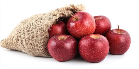 Poster - A close up of several ripe sweet red apples placed beside a jute sack, isolated on a clean white background, highlighting the vibrant colors and natural textures of the sweet red apples.